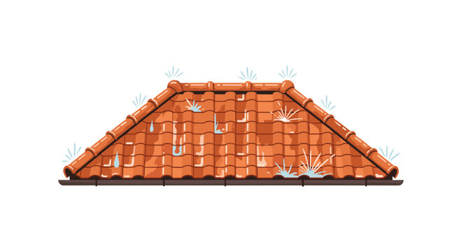 A gabled roof with reddish-brown clay tiles shows stylized blue water splashes on its surface.