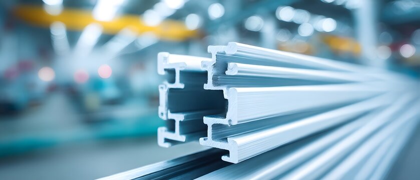 Extruded white aluminum profiles stacked in industrial manufacturing plant showing precision metal engineering components.