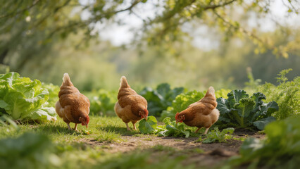 Fototapeta premium Chickens foraging in garden