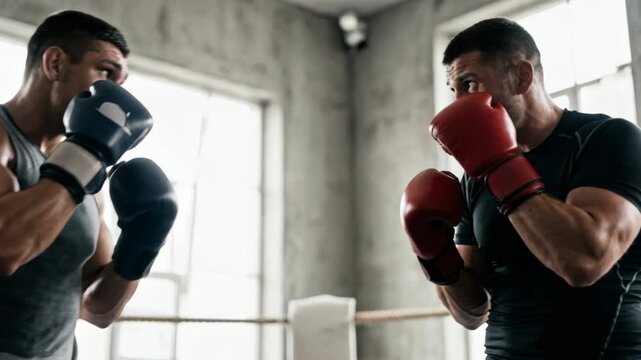 Boxer boxing sparring gym training workout intense focused athletic session between two male
