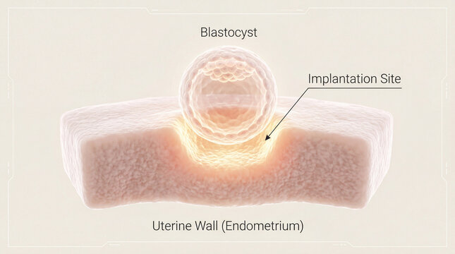Blastocyst implantation diagram explains transfer. Implantation visual shows blastocyst settling into uterine wall endometrium for fertility education, embryo transfer guidance, clinic counseling
