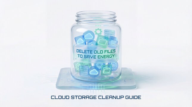 Cloud cleanup concept promotes digital efficiency. Cloud storage infographic shows file icons in glass jar with energy saving message, data cleanup, green computing, sustainable tech, eco awareness