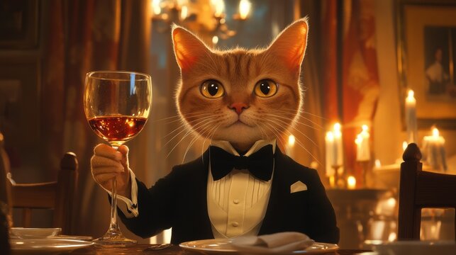 豪華な部屋でグラスを持つタキシード姿の茶トラ猫。富と成功を象徴する擬人化されたペット。正装した動物の晩餐