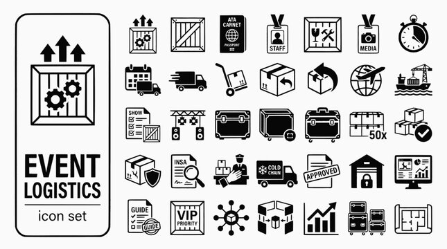 Event Exhibition Logistics Bold Line Icons-ATA Carnet Drayage Move-In Rigging Artwork Climate Controlled Customs Re-Import VIP Priority-25 Event Logistics Icon Set Vector
