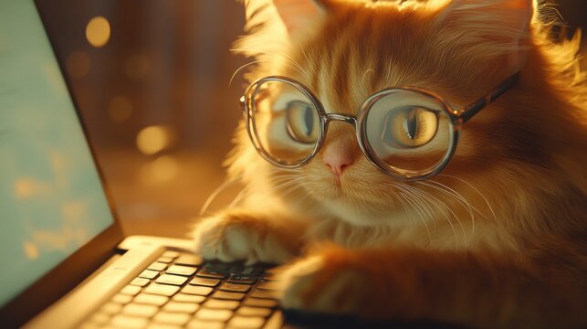 丸眼鏡をかけてノートパソコンの画面を見つめる茶トラの猫。夜の光の中で勉強や仕事に集中する擬人化されたペット。ユーモアのある知的なコンセプト