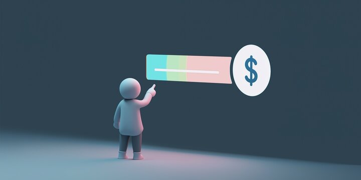 Financial Planning Concept, User Touching Holographic Savings Goal Progress Bar with Money Icon, Minimalist Scene, Personal Finance Visualization, Clean Composition
