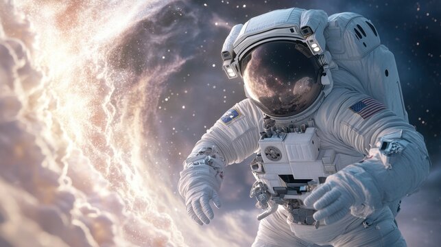 輝く星雲の傍を浮遊する宇宙飛行士。詳細な宇宙服とヘルメットの反射。未知の宇宙探索と無重力の光景