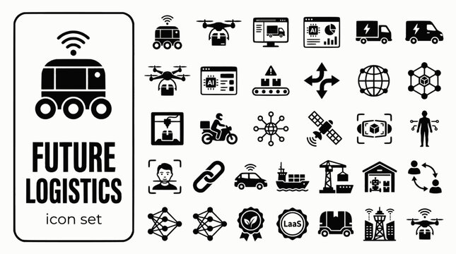 Future Logistics Emerging Trends Bold Line Icons-Autonomous Drone Hyperloop Platoon Air Taxi Physical Internet Quantum LaaS Space Metaverse-25 Future Logistics Icon Set Vector 