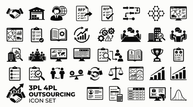 3PL 4PL Logistics Outsourcing Bold Line Icons-RFP SLA DCL VAS Open Book Gain Share TUPE 5PL Innovation Tender Due Diligence Maturity-25 3PL 4PL Icon Set Vector
