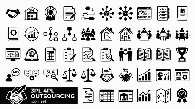 3PL 4PL Logistics Outsourcing Bold Line Icons-RFP SLA DCL VAS Open Book Gain Share TUPE 5PL Innovation Tender Due Diligence Maturity-25 3PL 4PL Icon Set Vector