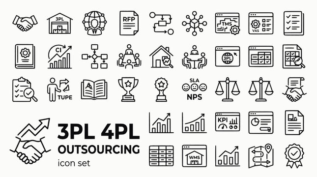 3PL 4PL Logistics Outsourcing Bold Line Icons-RFP SLA DCL VAS Open Book Gain Share TUPE 5PL Innovation Tender Due Diligence Maturity-25 3PL 4PL Icon Set Vector