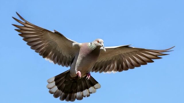 A majestic pigeon soaring through a clear blue sky, showcasing its wings in flight