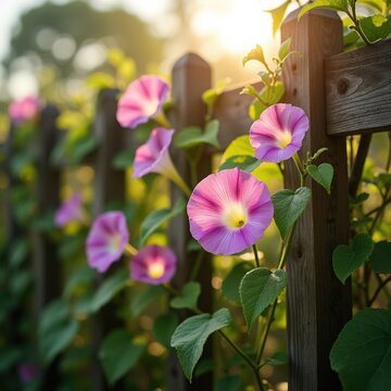 Climbing Morning Glory Trumpet Flowers on a Rustic Wood Fence in Bright Early Morning Light