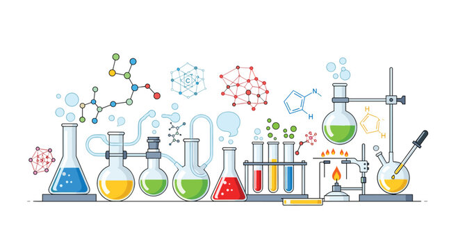 A complex illustration depicting a chemistry laboratory setup with interconnected glass flasks, beakers, test tubes, a Bunsen burner, and floating molecular structures.