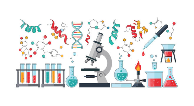 A detailed illustration of various chemistry and biology elements including DNA helices, molecular structures, test tubes, a microscope, and a Bunsen burner is arranged horizontally.