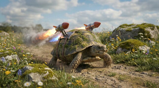 Conceptual Digital Art of a Rocket-Propelled Tortoise Symbolizing Breakthrough Speed and Innovation