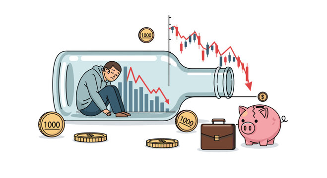 A man sits dejectedly inside a glass bottle with a downward stock market graph, coins, a briefcase, and a piggy bank outside.