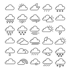 Fototapeta premium Weather icons set: clouds, sun, rain, snow, wind, and thunderstorm symbols.