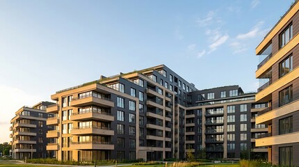 Fototapeta premium Modern Residential Complex with Sustainable Green Rooftops and Sleek Architectural Facade Under a Clear Blue Sky at Golden Hour