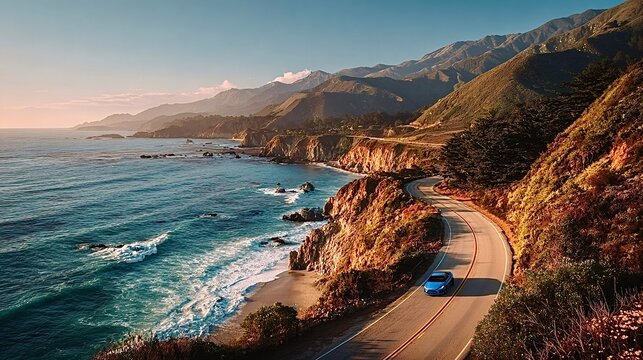 Blue car driving on scenic big sur pacific coast highway