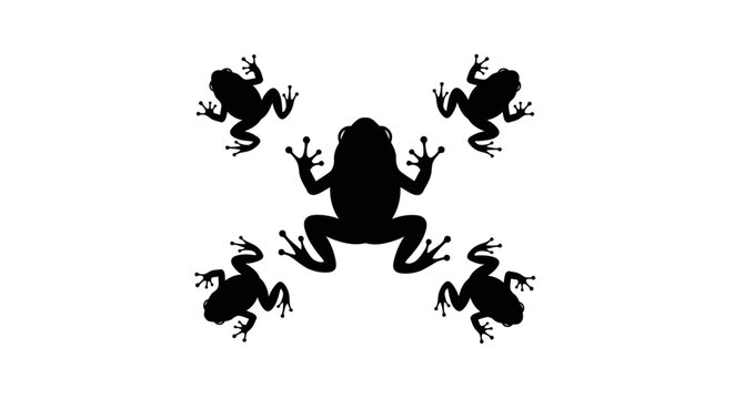 Silhouette of a large frog surrounded by four smaller frogs.