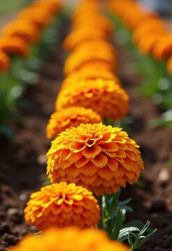 Lively Marigold Pom Poms Finely Aligned Touching Soil Bright Orange Row Procession Vibrant Blossom Accent Garden