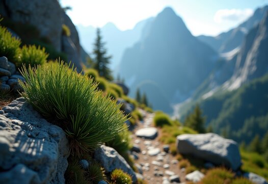 Majestic Pine Needle Clusters Against Rugged Mountain Summit in an Enchanting Wilderness