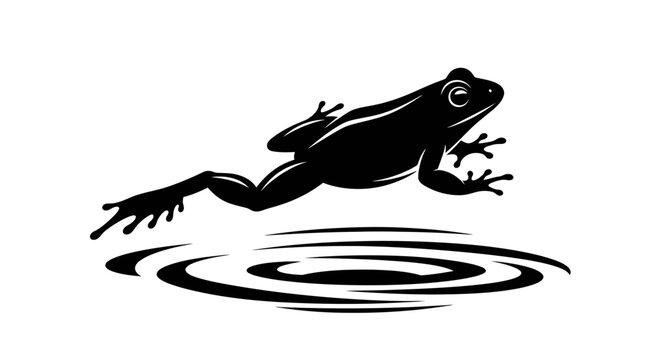Silhouette of a frog jumping into water with ripples.