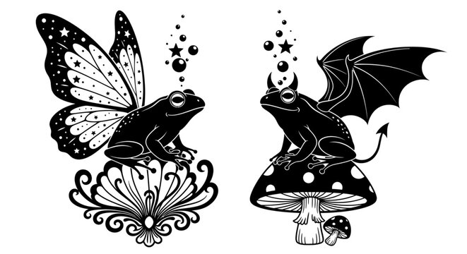 Whimsical Fantasy Frogs with Butterfly and Devil Wings on Mushrooms.