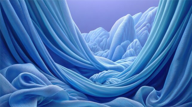 流れるような青と紫の布地が織りなす抽象的な風景。柔らかく波打つテクスチャと幻想的な形状