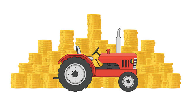 A red farm tractor stands in front of many stacks of gold coins on a white background.