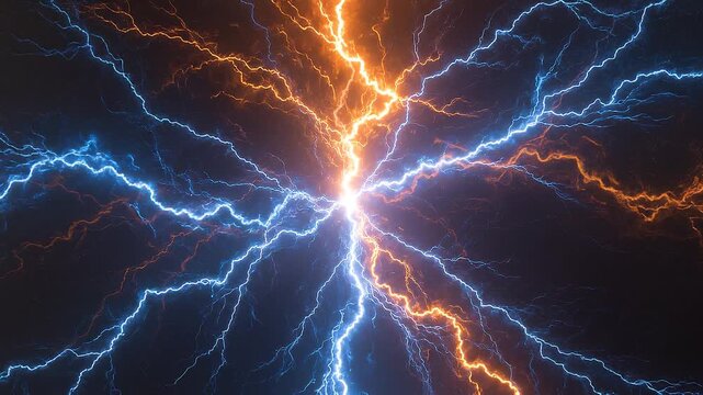 animazione 3D di fulmini blu ed arancioni in uno spazio astratto, vuoto e oscuro