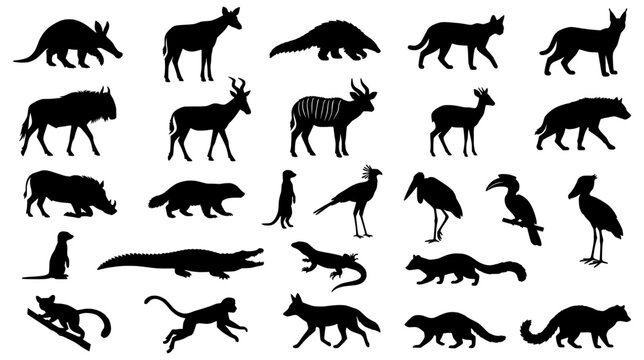African Wildlife Silhouette Set Featuring Aardvark Pangolin Honey Badger Crocodile and Exotic Savanna Birds