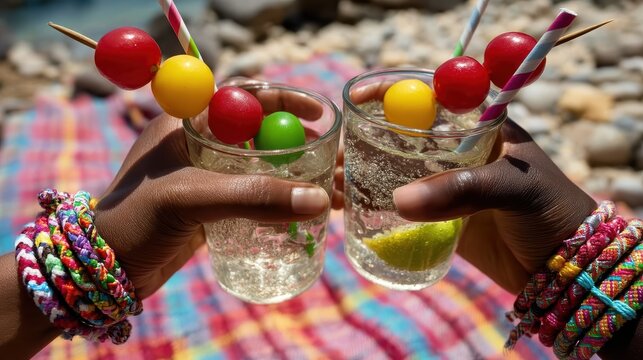 Colorful woven bracelets, candy bags, polaroid photo strips, iced lemonade cups with striped straws on textured picnic blanket