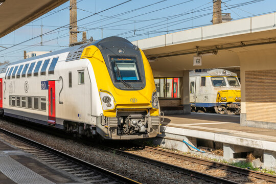 1 April 2026, Brussels North Station, Brussels, Belgium. Belgian double-decker train arriving at platform. Brussels north station.