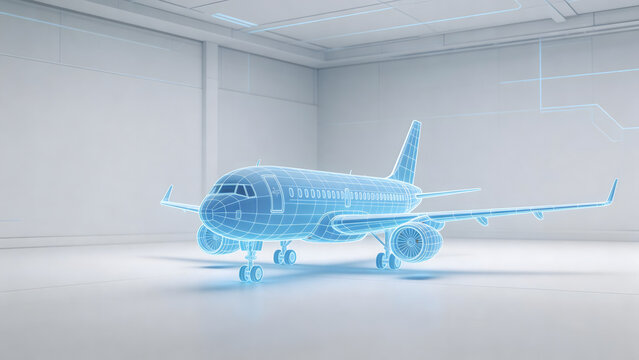 Blue wireframe airplane in futuristic room