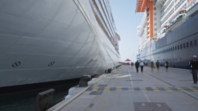 Cruise ship dockside blurred metallic hull bokeh background outdoor; background backplate copyspace calm.