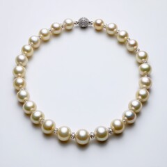 Obraz premium Elegant pearl necklace with graduated white South Sea beads arranged in a circle, featuring a diamond-set white gold ball clasp, on a white backdrop