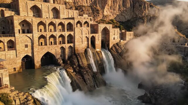 Ancient Persian Architecture Meets Powerful Waterfall in Historic Iranian Landmark.