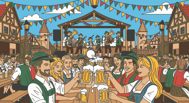Illustration of people in traditional German attire clinking beer steins together at a lively outdoor festival with a band and colorful decorations.