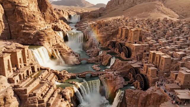 Ancient Persian Architecture Meets Powerful Waterfall in Historic Iranian Landmark.