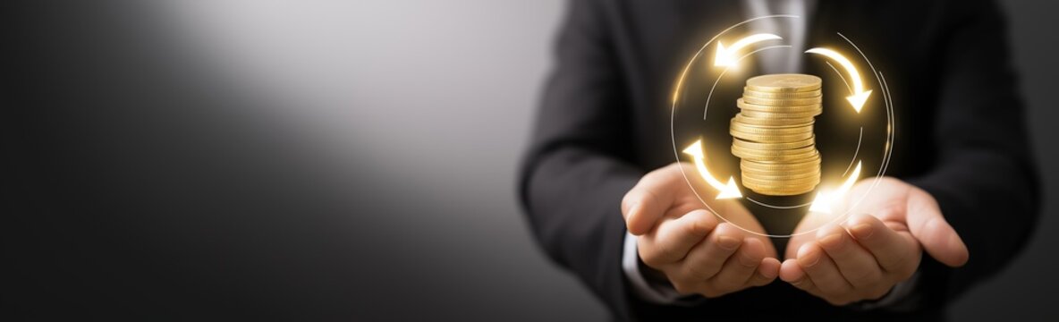 Recurring Income Concept, Faceless Businessman Holding Glowing Stack of Coins with Circular Flow Arrows, Passive Earnings and Financial Growth Visualization, Clean Corporate Background