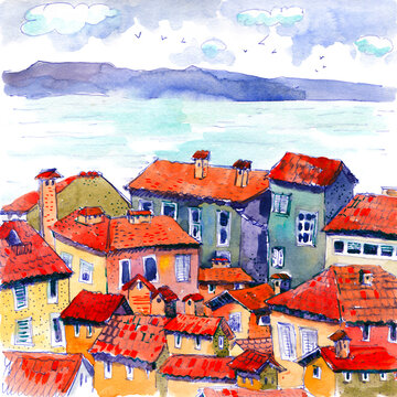Watercolor Painting of European Rooftops and Lake