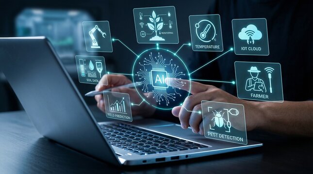 A person using a laptop with artificial intelligence and technology icons floating above the keyboard.