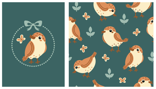 Seamless pattern and sparrows composition