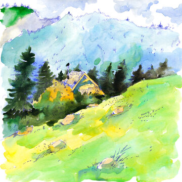 Watercolor Painting of a Cabin in the Mountains