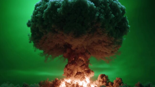 Mushroom cloud nuclear explosion glowing fireball, dense ash plume and rolling smoke on emerald backdrop, towering column of heat and ember, cascading molten