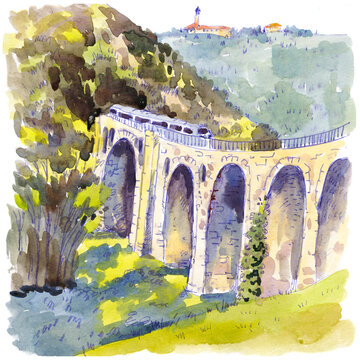 Watercolor Painting of Stone Bridge and Landscape