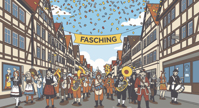 Illustration of people in traditional costumes marching down a street with a Fasching banner in a festive atmosphere with confetti.