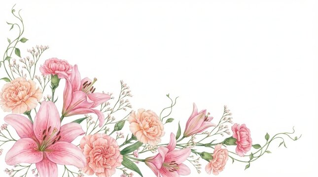 Watercolor corner border with pink lilies and peach carnations on floral de